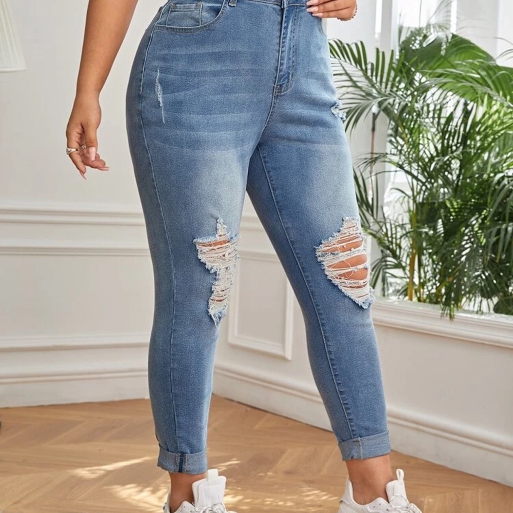 SHEIN Blue Distressed Skinny Jeans